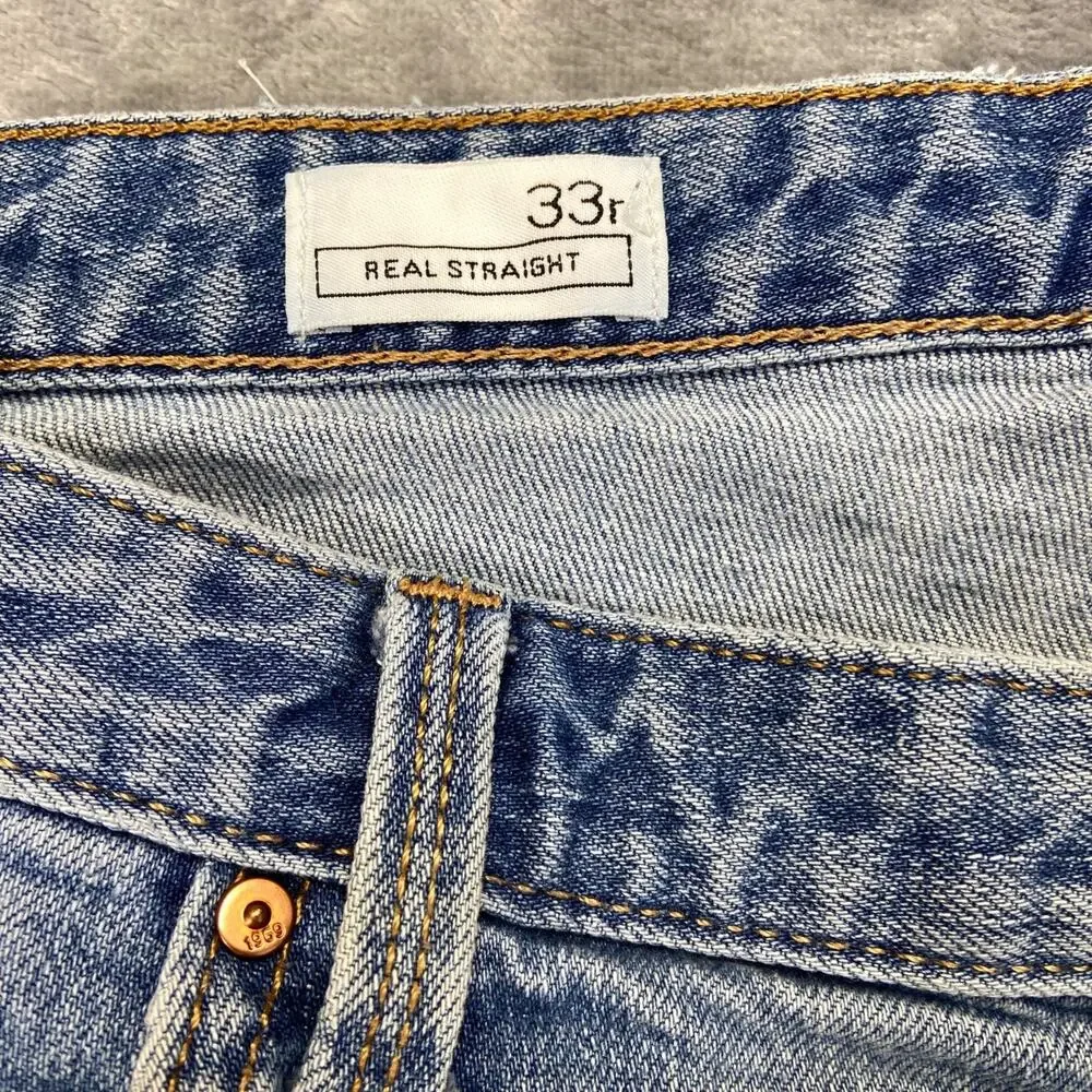 Gap 1969 Real Straight Distressed Jeans Women's 33R Blue Light Wash Denim Frayed